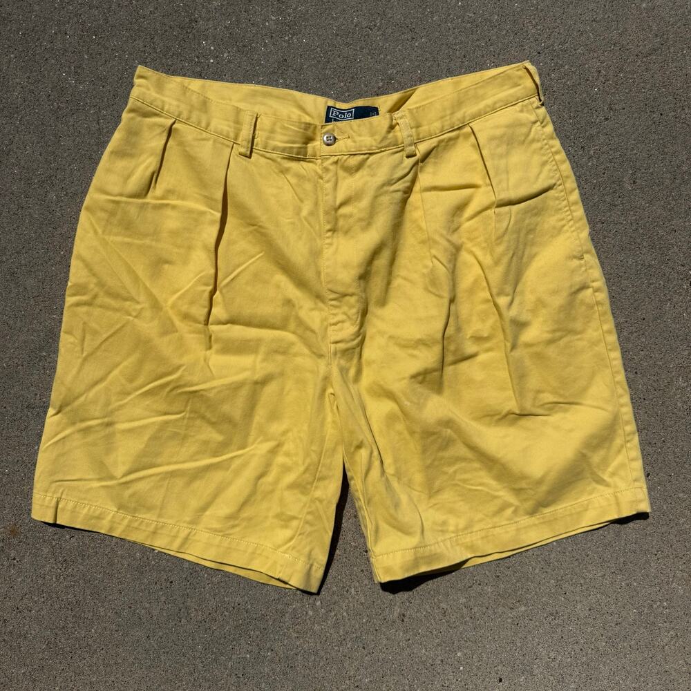 90s Polo Ralph Lauren Tyler Short Banana Yellow Pleated Preppy Khaki Shorts 38